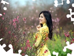 Garden, happy, Bush, Spring, flourishing, Japanese girl